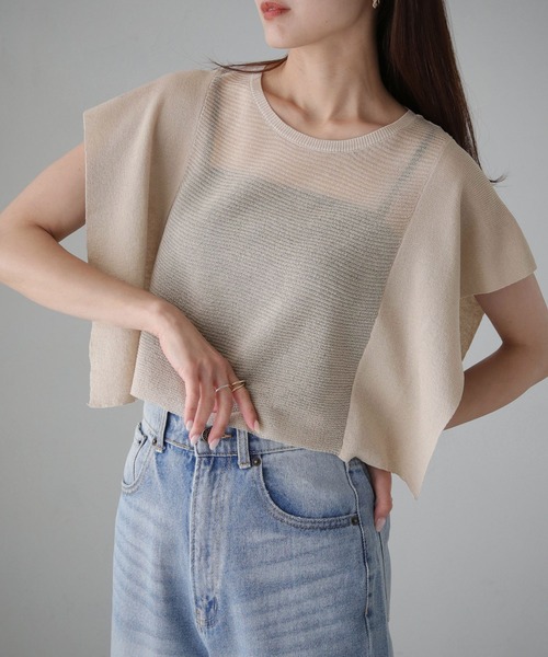 cheriella（シェリエラ）の「【cheriella】スクエアスリーブシアーショートニット SQUARE SLEEVE SHEER SHORT KNIT（ニット/セーター・レディース・ブルー/ライトベージュ/ブラック/カーキ・M）」の12枚目の写真
