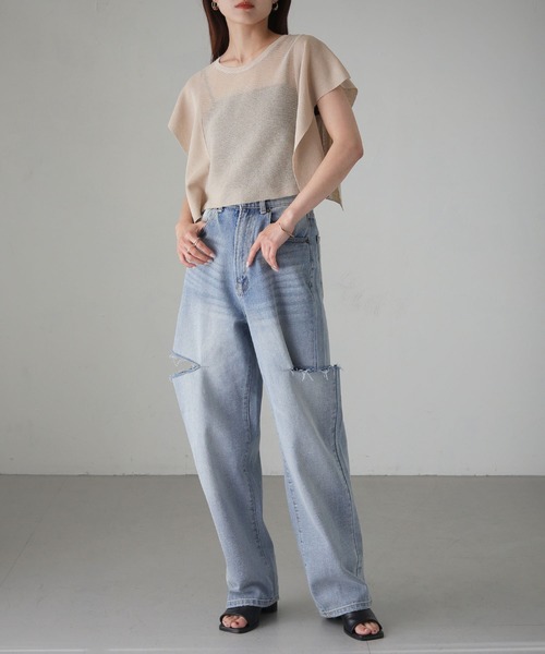 cheriella（シェリエラ）の「【cheriella】スクエアスリーブシアーショートニット SQUARE SLEEVE SHEER SHORT KNIT（ニット/セーター・レディース・ブルー/ライトベージュ/ブラック/カーキ・M）」の13枚目の写真