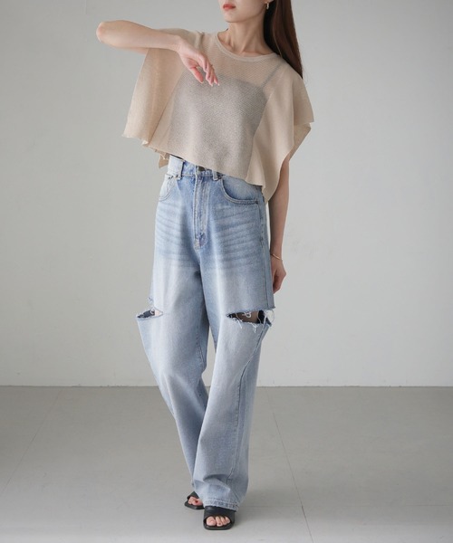 cheriella（シェリエラ）の「【cheriella】スクエアスリーブシアーショートニット SQUARE SLEEVE SHEER SHORT KNIT（ニット/セーター・レディース・ブルー/ライトベージュ/ブラック/カーキ・M）」の14枚目の写真