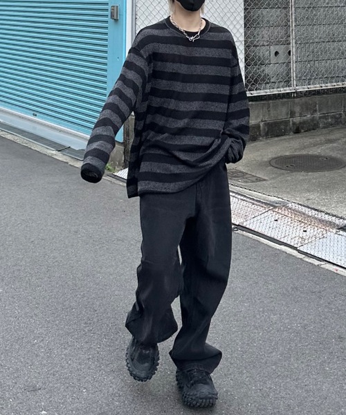 XU（エックスユー）の「【Never mind the XU】stripe knit / 【ネバーマインド ザ エックスユー】ストライプボーダー長袖ニット（ニット/セーター・メンズ・ベージュ/ブラック・ONE SIZE）」の9枚目の写真