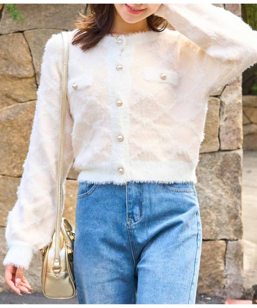 CHILLE(チル)の「モノグラムジャガードニットジャケット(カーディガン/ボレロ・レディース・アイボリー/ピンク/ブラック・FREE)」の1枚目の写真