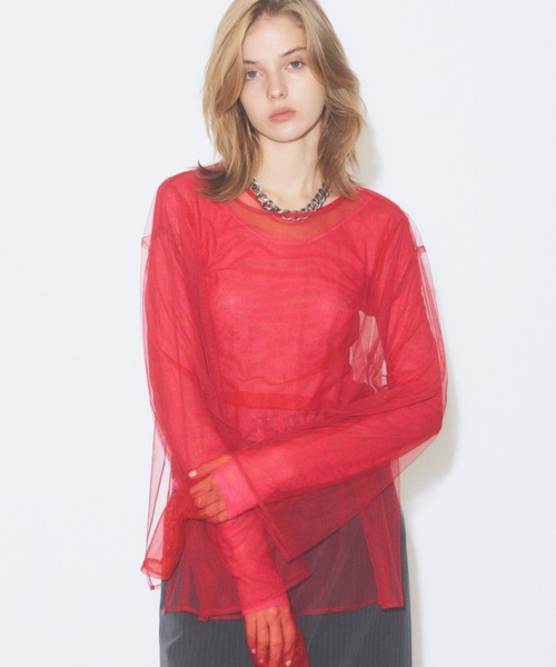 yae(ヤエ)の「New super long sleeve tulle/Newスーパーロングスリーブチュールシアートップス(Tシャツ/カットソー・レディース・レッド/ホワイト/ブラック・FREE)」の7枚目の写真