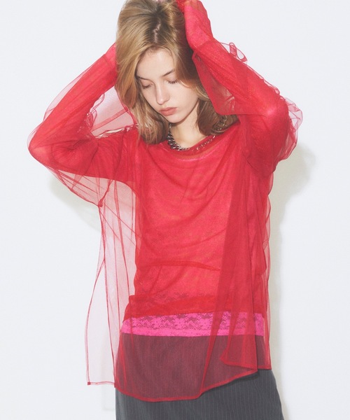 yae(ヤエ)の「New super long sleeve tulle/Newスーパーロングスリーブチュールシアートップス(Tシャツ/カットソー・レディース・レッド/ホワイト/ブラック・FREE)」の8枚目の写真