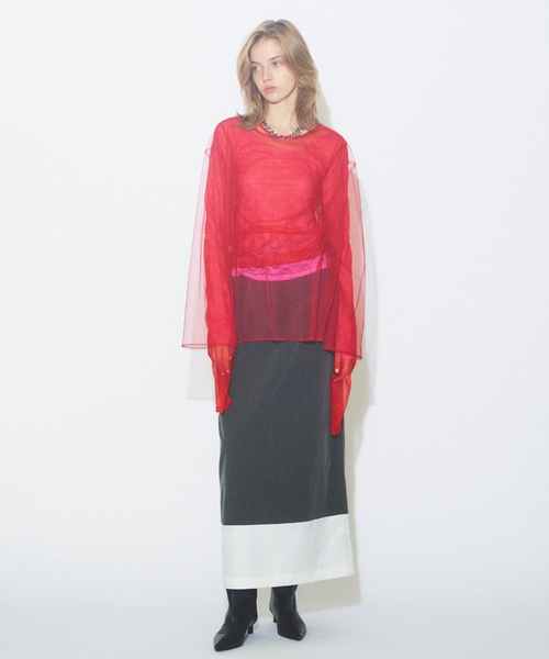 yae(ヤエ)の「New super long sleeve tulle/Newスーパーロングスリーブチュールシアートップス(Tシャツ/カットソー・レディース・レッド/ホワイト/ブラック・FREE)」の9枚目の写真