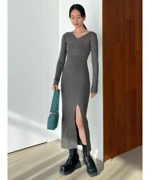 カシュクールリブスリットワンピース