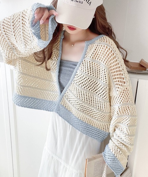 mily bilet（ミウィビレット）の「【mily bilet】ガーリーな抜け感！ラメメッシュ編みクロップド前後２WAYカーディガン（カーディガン/ボレロ・レディース・イエロー/ブルー・LARGE/MEDIUM/SMALL/X-LARGE）」の4枚目の写真