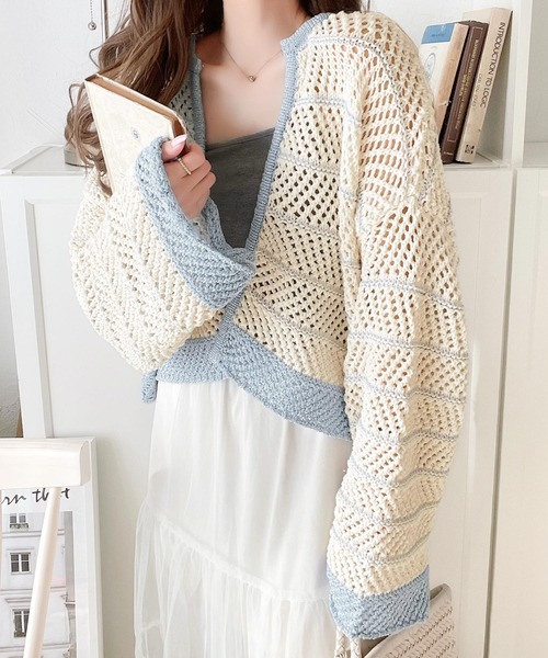 mily bilet（ミウィビレット）の「【mily bilet】ガーリーな抜け感！ラメメッシュ編みクロップド前後２WAYカーディガン（カーディガン/ボレロ・レディース・イエロー/ブルー・LARGE/MEDIUM/SMALL/X-LARGE）」の7枚目の写真