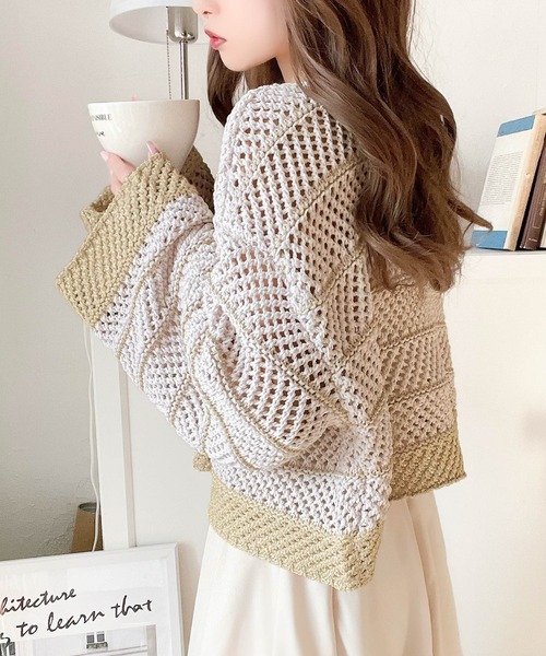 mily bilet（ミウィビレット）の「【mily bilet】ガーリーな抜け感！ラメメッシュ編みクロップド前後２WAYカーディガン（カーディガン/ボレロ・レディース・イエロー/ブルー・LARGE/MEDIUM/SMALL/X-LARGE）」の3枚目の写真