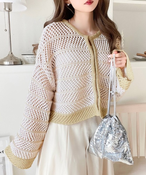 mily bilet（ミウィビレット）の「【mily bilet】ガーリーな抜け感！ラメメッシュ編みクロップド前後２WAYカーディガン（カーディガン/ボレロ・レディース・イエロー/ブルー・LARGE/MEDIUM/SMALL/X-LARGE）」の6枚目の写真
