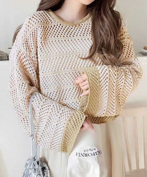 mily bilet（ミウィビレット）の「【mily bilet】ガーリーな抜け感！ラメメッシュ編みクロップド前後２WAYカーディガン（カーディガン/ボレロ・レディース・イエロー/ブルー・LARGE/MEDIUM/SMALL/X-LARGE）」の8枚目の写真
