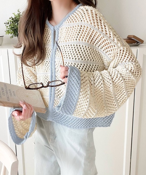 mily bilet（ミウィビレット）の「【mily bilet】ガーリーな抜け感！ラメメッシュ編みクロップド前後２WAYカーディガン（カーディガン/ボレロ・レディース・イエロー/ブルー・LARGE/MEDIUM/SMALL/X-LARGE）」の9枚目の写真