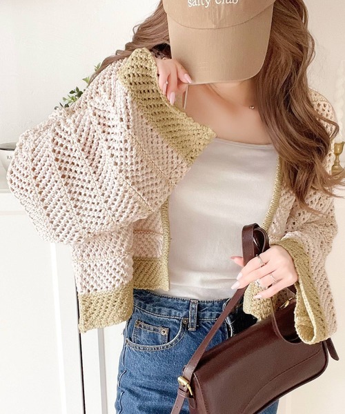 mily bilet（ミウィビレット）の「【mily bilet】ガーリーな抜け感！ラメメッシュ編みクロップド前後２WAYカーディガン（カーディガン/ボレロ・レディース・イエロー/ブルー・LARGE/MEDIUM/SMALL/X-LARGE）」の11枚目の写真