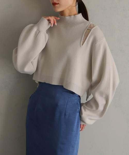 &g'aime(アンジェム)の「【&g'aime】ショルダースリットショート丈ニットトップス(ニット/セーター・レディース・ブラック/グレイッシュベージュ/パープル・FREE)」の13枚目の写真