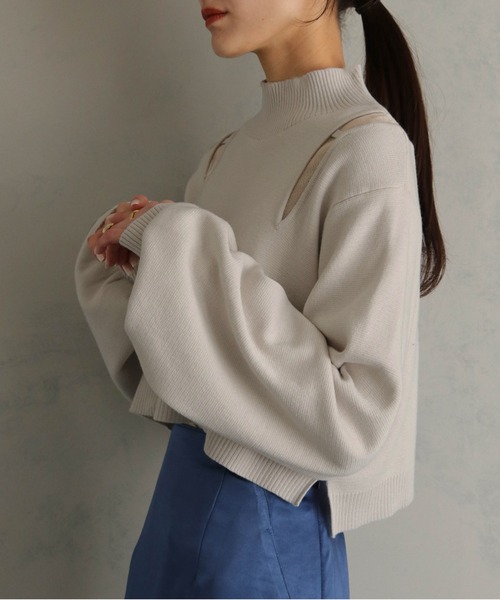 &g'aime(アンジェム)の「【&g'aime】ショルダースリットショート丈ニットトップス(ニット/セーター・レディース・ブラック/グレイッシュベージュ/パープル・FREE)」の14枚目の写真