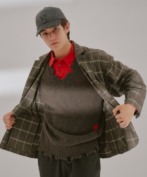 WHIMSIC（ウィムジック）の「【UNISEX】ダメージニットベスト（ベスト・メンズ・ブラック/チャコールグレー・FREE）」の2枚目の写真