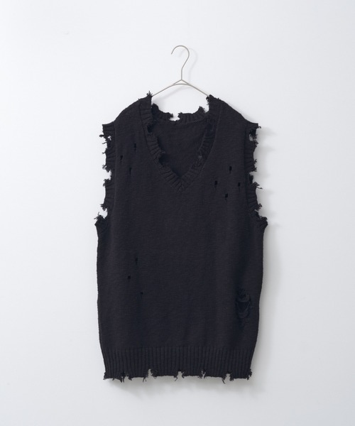 WHIMSIC（ウィムジック）の「【UNISEX】ダメージニットベスト（ベスト・メンズ・ブラック/チャコールグレー・FREE）」の3枚目の写真