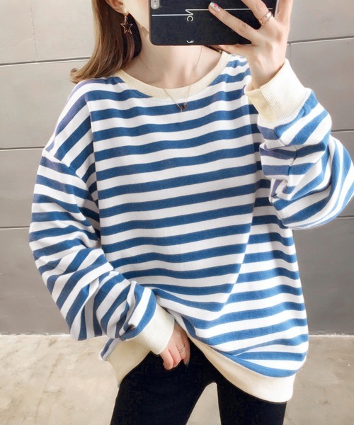 Miniministore(ミニミニストア)の「ボーダー柄 スウェット 配色 トレーナー(Tシャツ/カットソー・レディース・ブラック/ブルー・FREE)」の1枚目の写真