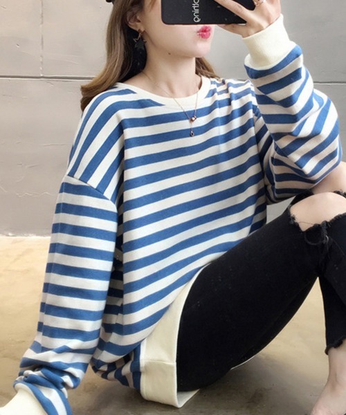 Miniministore(ミニミニストア)の「ボーダー柄 スウェット 配色 トレーナー(Tシャツ/カットソー・レディース・ブラック/ブルー・FREE)」の3枚目の写真