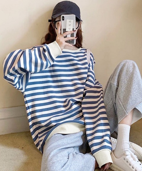 Miniministore(ミニミニストア)の「ボーダー柄 スウェット 配色 トレーナー(Tシャツ/カットソー・レディース・ブラック/ブルー・FREE)」の4枚目の写真