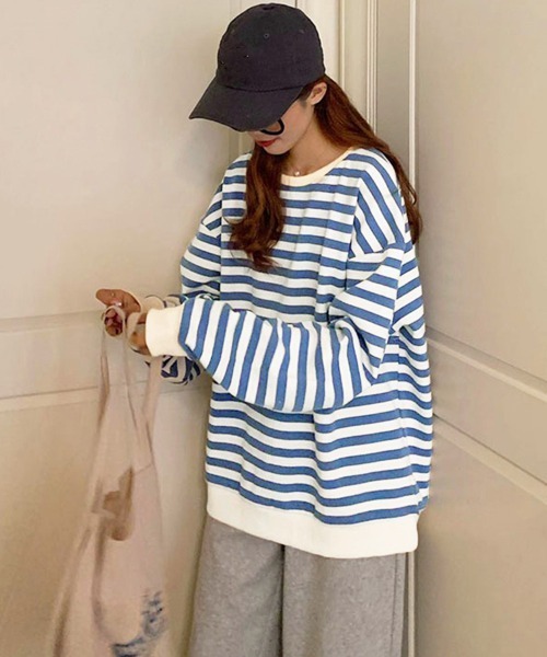 Miniministore(ミニミニストア)の「ボーダー柄 スウェット 配色 トレーナー(Tシャツ/カットソー・レディース・ブラック/ブルー・FREE)」の6枚目の写真