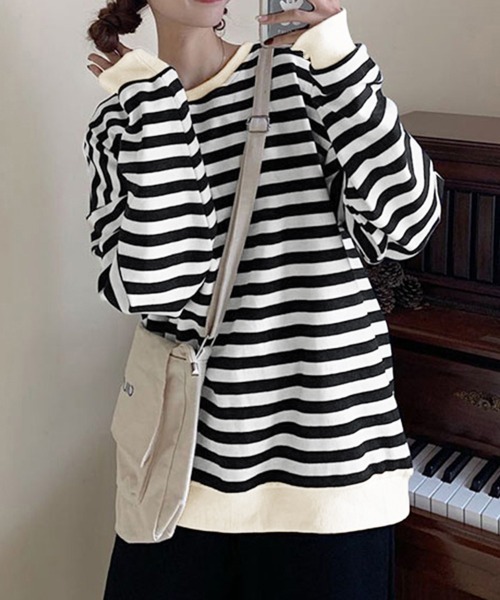 Miniministore(ミニミニストア)の「ボーダー柄 スウェット 配色 トレーナー(Tシャツ/カットソー・レディース・ブラック/ブルー・FREE)」の8枚目の写真