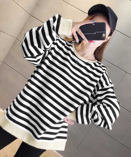 Miniministore(ミニミニストア)の「ボーダー柄 スウェット 配色 トレーナー(Tシャツ/カットソー・レディース・ブラック/ブルー・FREE)」の9枚目の写真