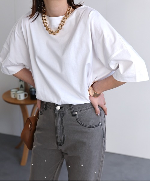 sakishimatokyo(サキシマトーキョー)の「【USAコットン】ボートネックTシャツ/カットソー(Tシャツ/カットソー・レディース・ブルー系その他/ネイビー/グレイッシュベージュ/ホワイト/ブラック・FREE)」の8枚目の写真
