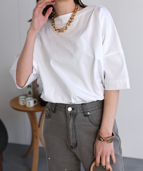 sakishimatokyo(サキシマトーキョー)の「【USAコットン】ボートネックTシャツ/カットソー(Tシャツ/カットソー・レディース・ブルー系その他/ネイビー/グレイッシュベージュ/ホワイト/ブラック・FREE)」の12枚目の写真