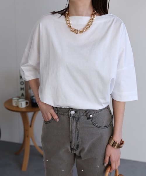 sakishimatokyo(サキシマトーキョー)の「【USAコットン】ボートネックTシャツ/カットソー(Tシャツ/カットソー・レディース・ブルー系その他/ネイビー/グレイッシュベージュ/ホワイト/ブラック・FREE)」の13枚目の写真