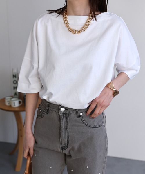 sakishimatokyo(サキシマトーキョー)の「【USAコットン】ボートネックTシャツ/カットソー(Tシャツ/カットソー・レディース・ブルー系その他/ネイビー/グレイッシュベージュ/ホワイト/ブラック・FREE)」の14枚目の写真