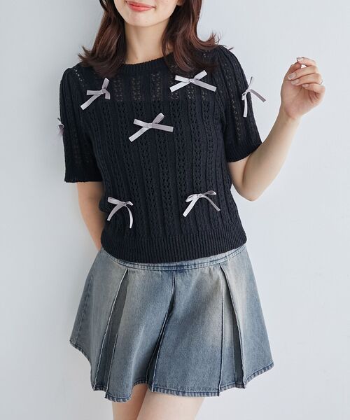 MAJESTIC LEGON（マジェスティックレゴン）の「レーシーパターンリボンニット（ニット/セーター・レディース・ピンク/レッド/ブルー/アイボリー/ブラック・MEDIUM）」の3枚目の写真