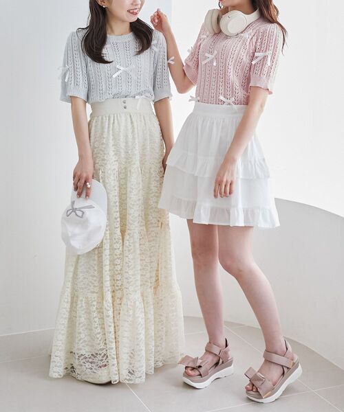 MAJESTIC LEGON（マジェスティックレゴン）の「レーシーパターンリボンニット（ニット/セーター・レディース・ピンク/レッド/ブルー/アイボリー/ブラック・MEDIUM）」の8枚目の写真