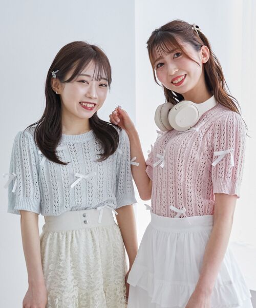 MAJESTIC LEGON（マジェスティックレゴン）の「レーシーパターンリボンニット（ニット/セーター・レディース・ピンク/レッド/ブルー/アイボリー/ブラック・MEDIUM）」の9枚目の写真