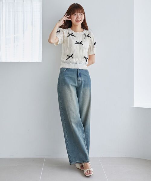 MAJESTIC LEGON（マジェスティックレゴン）の「レーシーパターンリボンニット（ニット/セーター・レディース・ピンク/レッド/ブルー/アイボリー/ブラック・MEDIUM）」の13枚目の写真