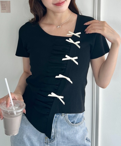 Loueme（ルエム）の「メニーリボンギャザートップス（Tシャツ/カットソー・レディース・アイボリー/ピンク/ブラック/ライトブルー・FREE）」の2枚目の写真