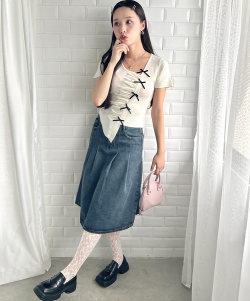 Loueme（ルエム）の「メニーリボンギャザートップス（Tシャツ/カットソー・レディース・アイボリー/ピンク/ブラック/ライトブルー・FREE）」の9枚目の写真