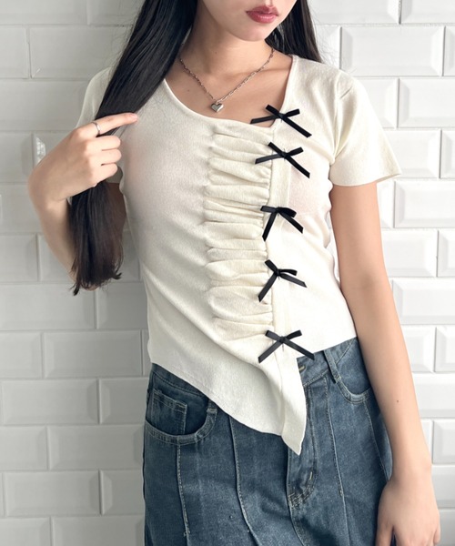 Loueme（ルエム）の「メニーリボンギャザートップス（Tシャツ/カットソー・レディース・アイボリー/ピンク/ブラック/ライトブルー・FREE）」の6枚目の写真