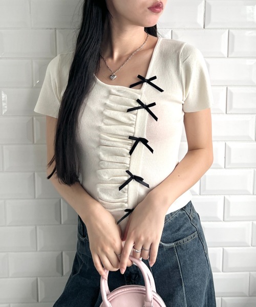 Loueme（ルエム）の「メニーリボンギャザートップス（Tシャツ/カットソー・レディース・アイボリー/ピンク/ブラック/ライトブルー・FREE）」の7枚目の写真