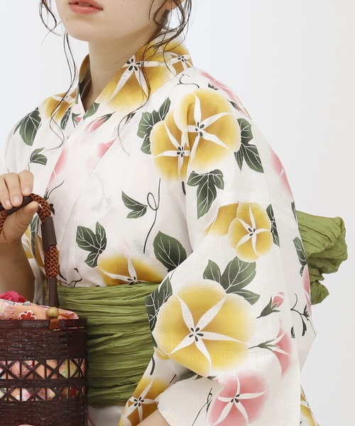 浴衣 セパレート 二部式 兵児帯 2点セット ラメ入り 薄黄色地椿 フリー 簡単着付け 天然冷感 女性用 レディース ゆかた へこ帯 浴衣 セパレート 二部式 兵児帯 2点セット ラメ入り 薄黄色地椿 フリー