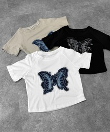 【jiasecond.】デニムバタフライパッチショートTシャツ / トップス カットソー Y2K Tシャツ 半袖 蝶 バタフライ デニム パッチ 刺繍 ブラック カーキ ホワイト クロップド ショート コンパクト