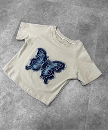 【jiasecond.】デニムバタフライパッチショートTシャツ / トップス カットソー Y2K Tシャツ 半袖 蝶 バタフライ デニム パッチ 刺繍 ブラック カーキ ホワイト クロップド ショート コンパクト