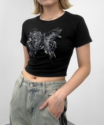 【jiasecond.】デニムバタフライパッチショートTシャツ / トップス カットソー Y2K Tシャツ 半袖 蝶 バタフライ デニム パッチ 刺繍 ブラック カーキ ホワイト クロップド ショート コンパクト
