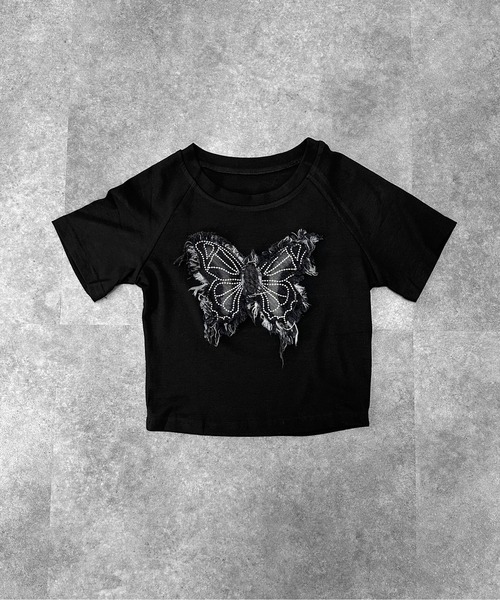 カジュアル バタフライカットアウトデザイン 半袖 Tシャツ セール】【jiasecond.】デニムバタフライパッチショートTシャツ
