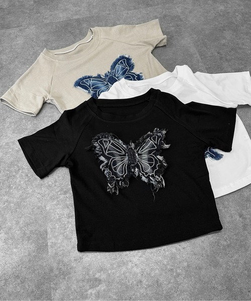 セール】【jiasecond.】デニムバタフライパッチショートTシャツ