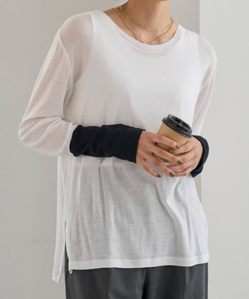 UNDOVE(アンドゥーブ)の「<UNDOVE>【アンチピリング/洗濯機OK/敏感肌さん用/シアーインナー/オーガニックコットン100%/透け感トップス/配色デザイン】/衿選べる綿100シアープルオーバー/クルーネック(Tシャツ/カットソー・レディース・ブラック系その他/ホワイト系その他/ブルー系その他・MEDIUM/LARGE/X-LARGE)」の1枚目の写真