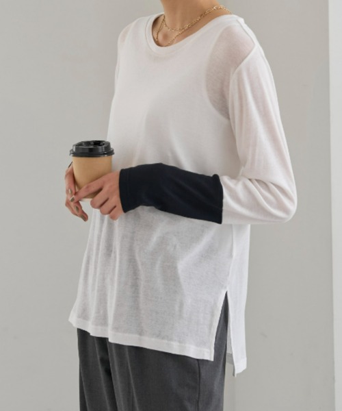 UNDOVE(アンドゥーブ)の「<UNDOVE>【アンチピリング/洗濯機OK/敏感肌さん用/シアーインナー/オーガニックコットン100%/透け感トップス/配色デザイン】/衿選べる綿100シアープルオーバー/クルーネック(Tシャツ/カットソー・レディース・ブラック系その他/ホワイト系その他/ブルー系その他・MEDIUM/LARGE/X-LARGE)」の5枚目の写真