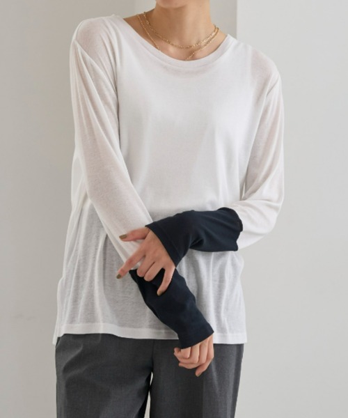 UNDOVE(アンドゥーブ)の「<UNDOVE>【アンチピリング/洗濯機OK/敏感肌さん用/シアーインナー/オーガニックコットン100%/透け感トップス/配色デザイン】/衿選べる綿100シアープルオーバー/クルーネック(Tシャツ/カットソー・レディース・ブラック系その他/ホワイト系その他/ブルー系その他・MEDIUM/LARGE/X-LARGE)」の6枚目の写真