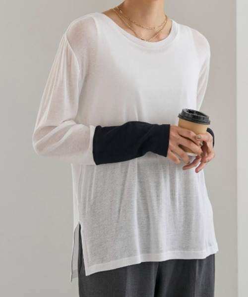 UNDOVE(アンドゥーブ)の「<UNDOVE>【アンチピリング/洗濯機OK/敏感肌さん用/シアーインナー/オーガニックコットン100%/透け感トップス/配色デザイン】/衿選べる綿100シアープルオーバー/クルーネック(Tシャツ/カットソー・レディース・ブラック系その他/ホワイト系その他/ブルー系その他・MEDIUM/LARGE/X-LARGE)」の8枚目の写真
