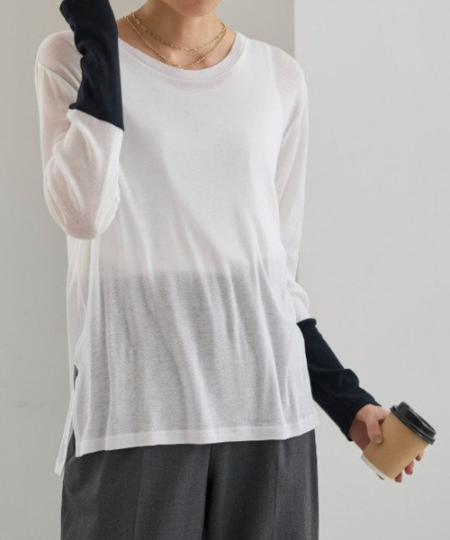 UNDOVE(アンドゥーブ)の「<UNDOVE>【アンチピリング/洗濯機OK/敏感肌さん用/シアーインナー/オーガニックコットン100%/透け感トップス/配色デザイン】/衿選べる綿100シアープルオーバー/クルーネック(Tシャツ/カットソー・レディース・ブラック系その他/ホワイト系その他/ブルー系その他・MEDIUM/LARGE/X-LARGE)」の9枚目の写真
