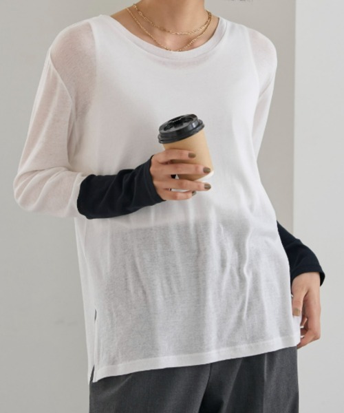 UNDOVE(アンドゥーブ)の「<UNDOVE>【アンチピリング/洗濯機OK/敏感肌さん用/シアーインナー/オーガニックコットン100%/透け感トップス/配色デザイン】/衿選べる綿100シアープルオーバー/クルーネック(Tシャツ/カットソー・レディース・ブラック系その他/ホワイト系その他/ブルー系その他・MEDIUM/LARGE/X-LARGE)」の10枚目の写真